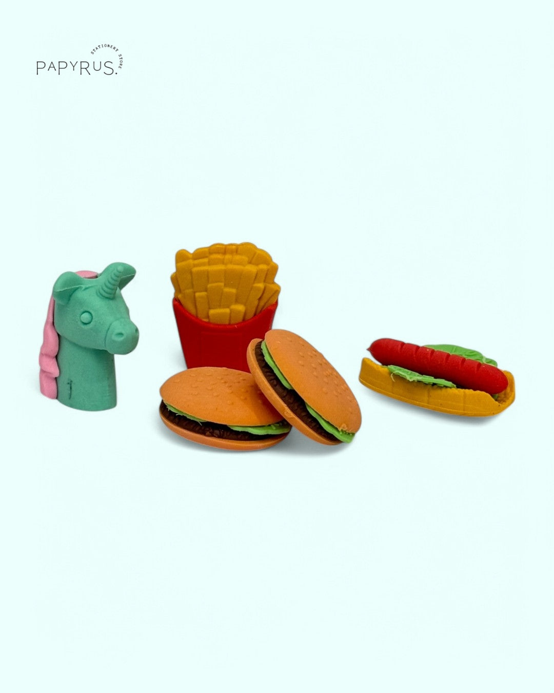 🦄🍔 Fantasy Bites Eraser Set – Fun to Use, Not to Chew! 🍟🌭